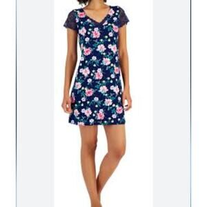 NWT Charter Club Floral Lace Navy Blue Short Sleeve Night Gown Size XS